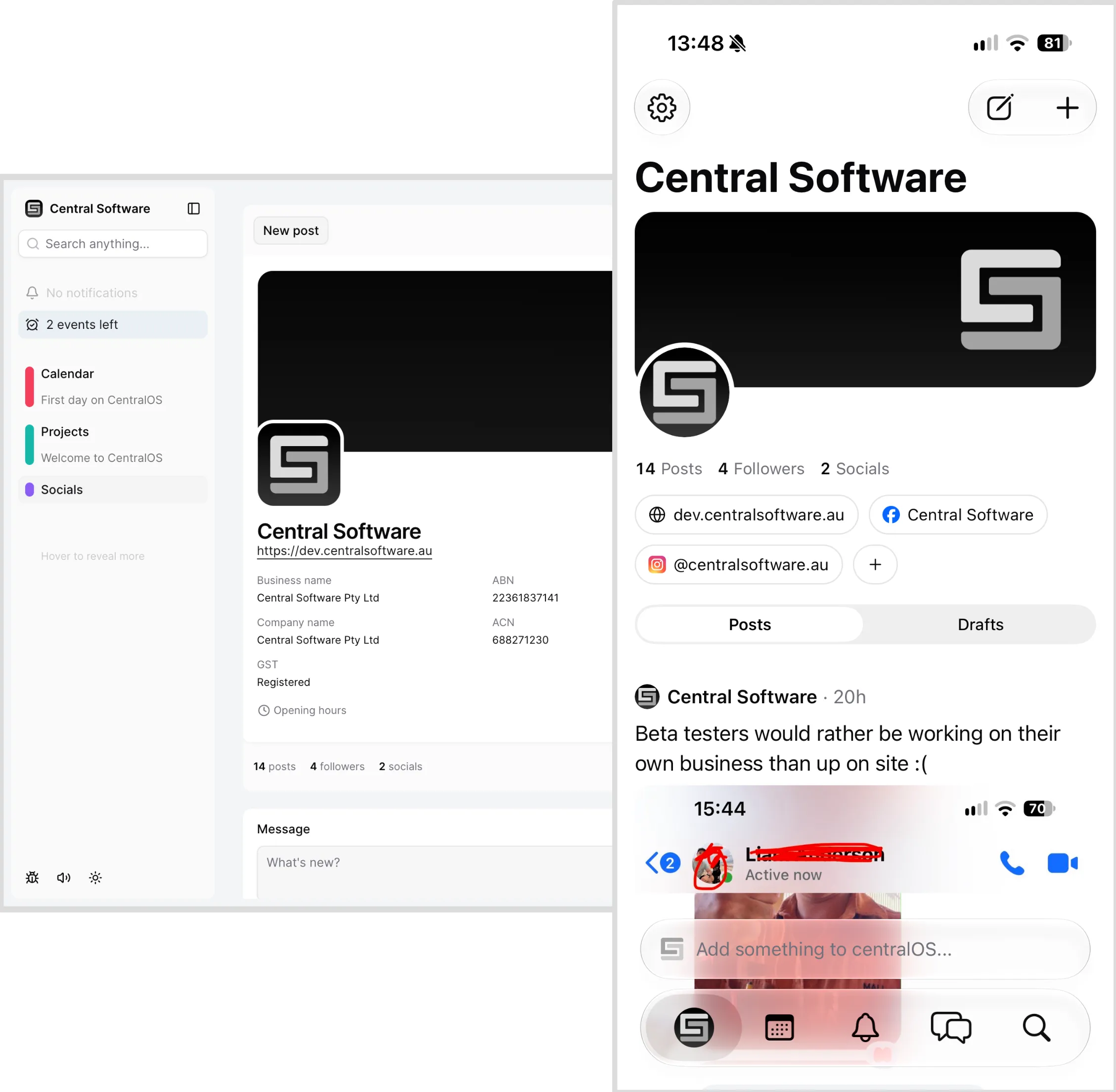 centralOS socials screenshot