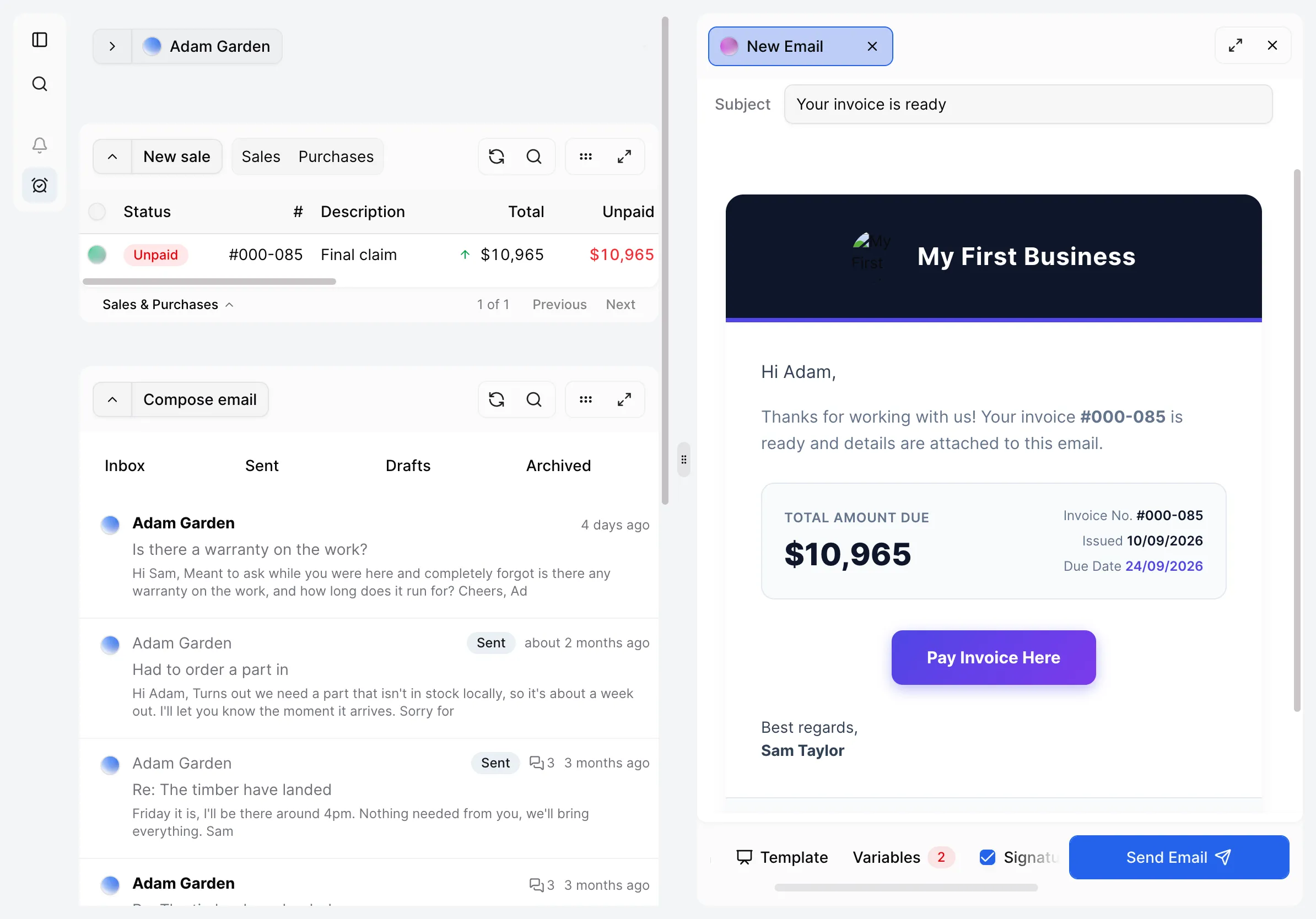 Invoice email with an online payment button in centralOS