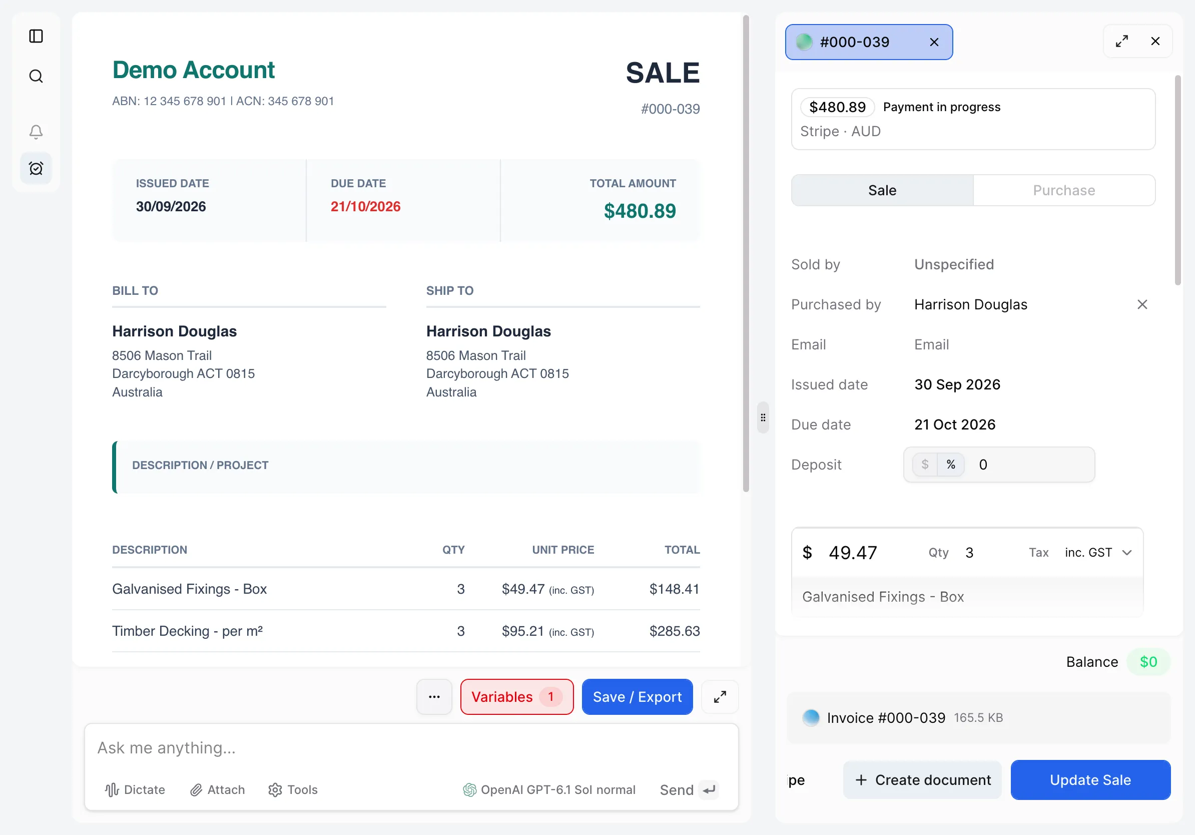 Invoice template builder and sale details in centralOS