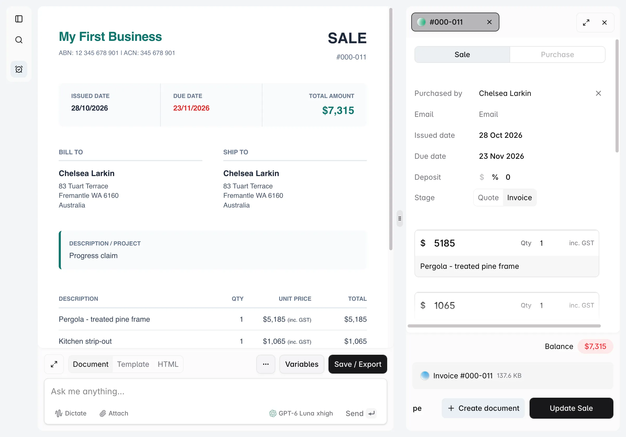 Invoice template builder and sale details in centralOS