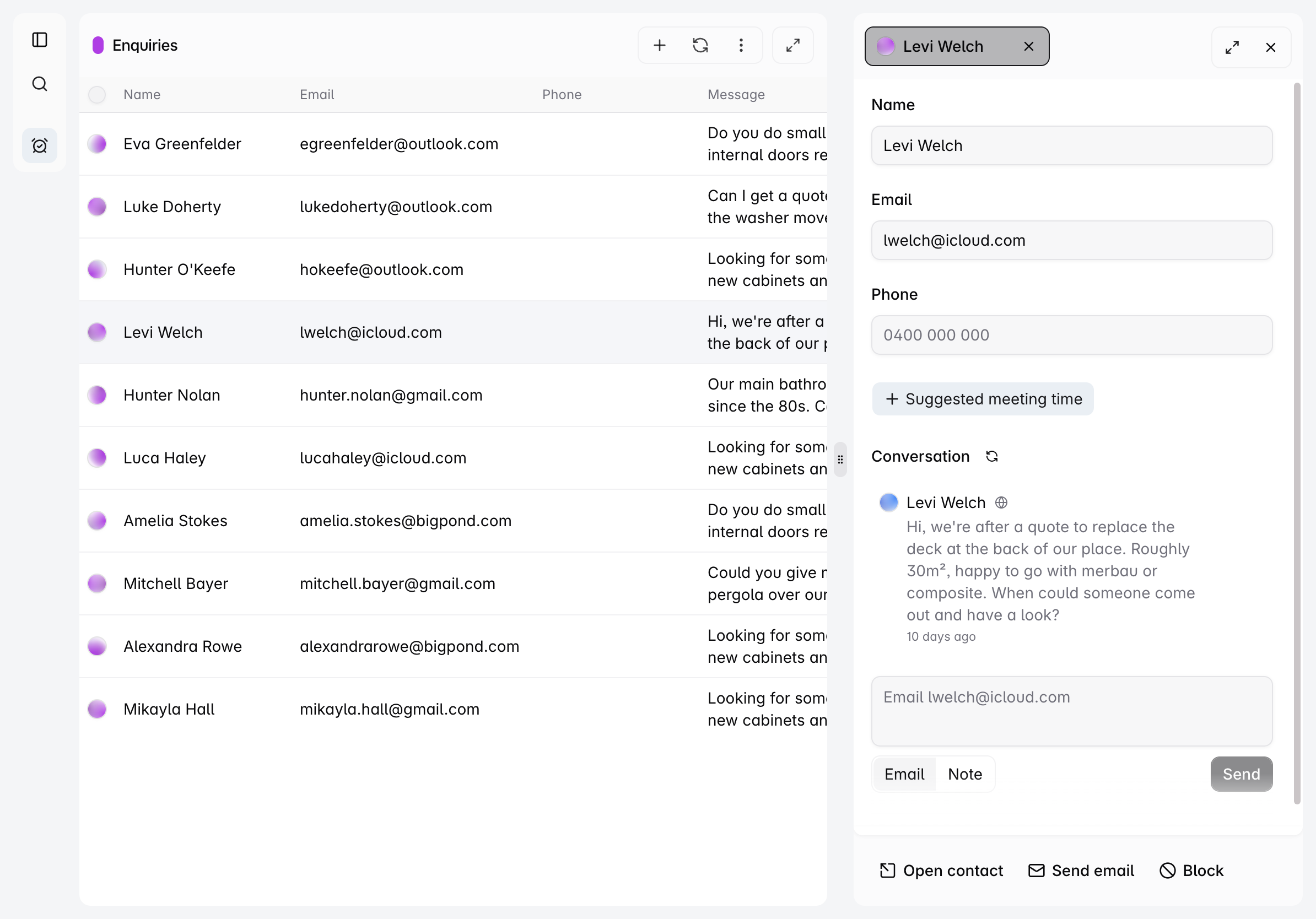 A website enquiry and its conversation in centralOS