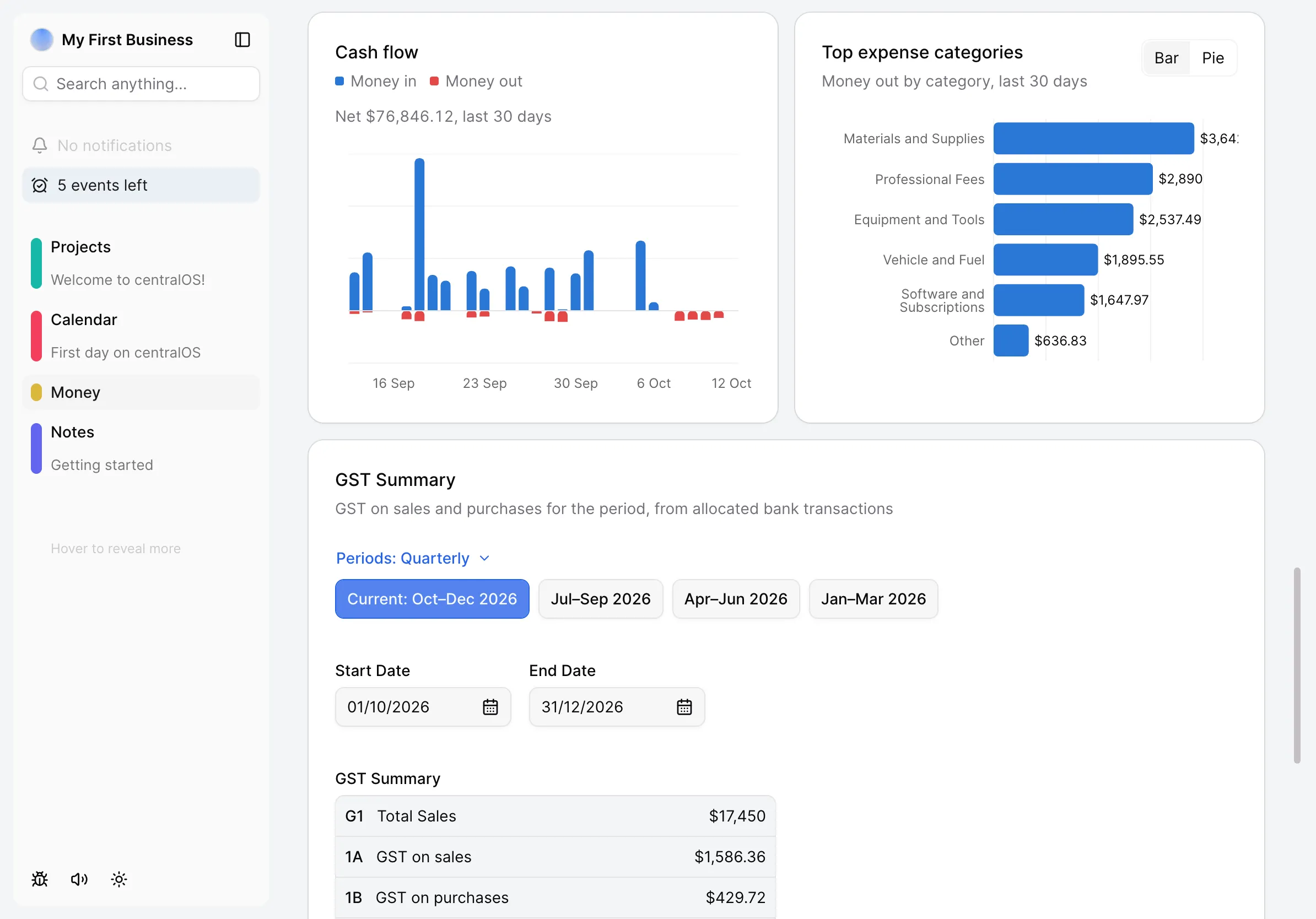 centralOS money screen screenshot