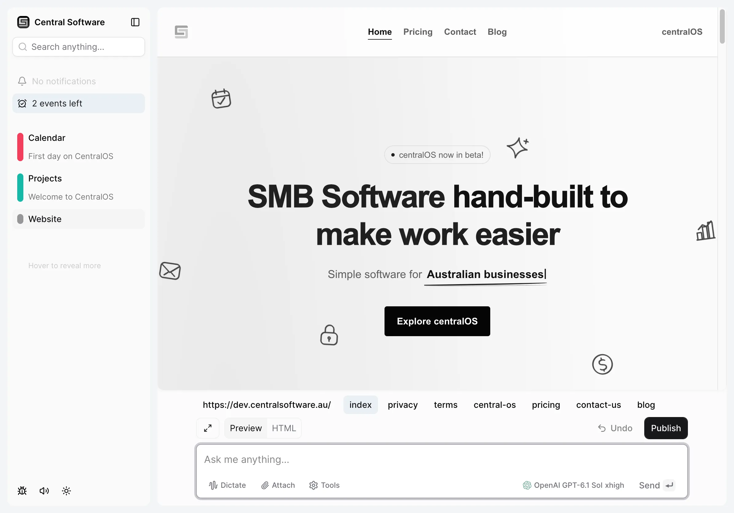 centralOS website builder screenshot