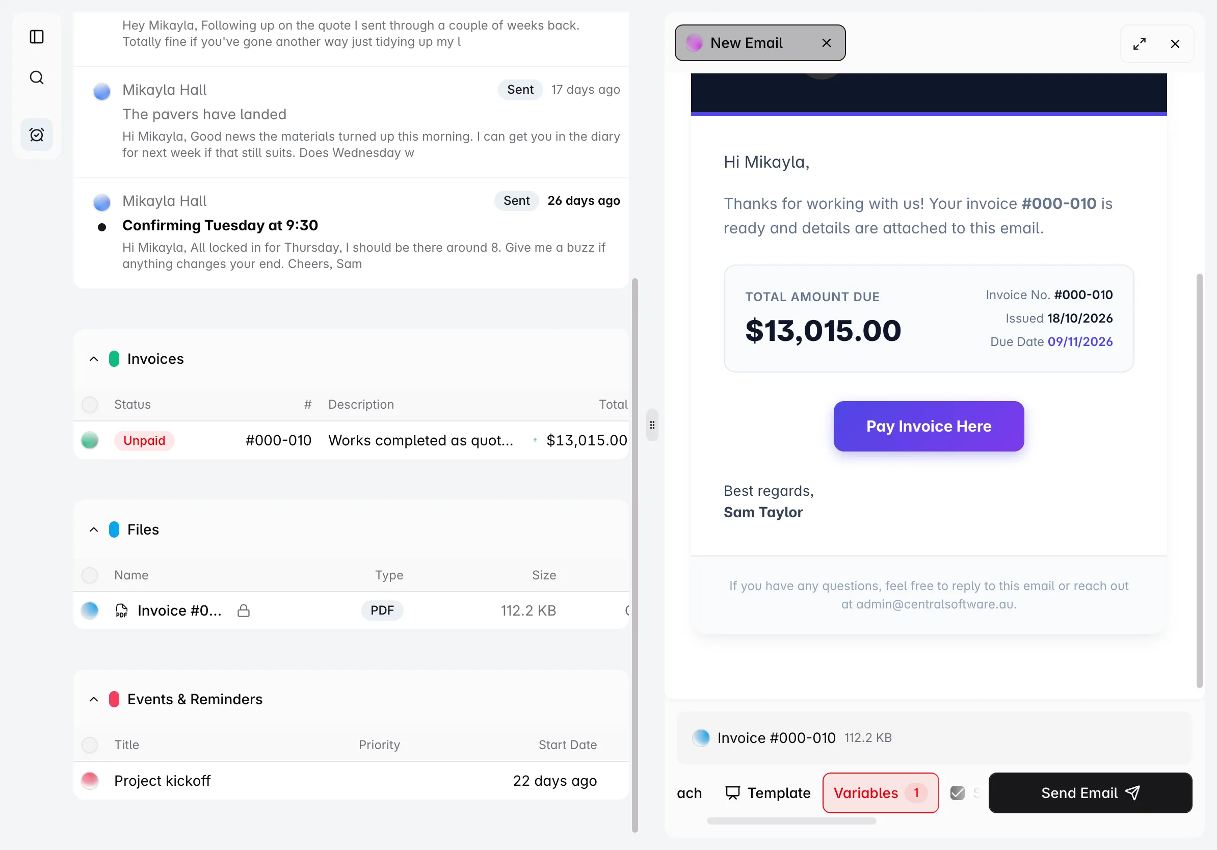Invoice email with an online payment button in centralOS