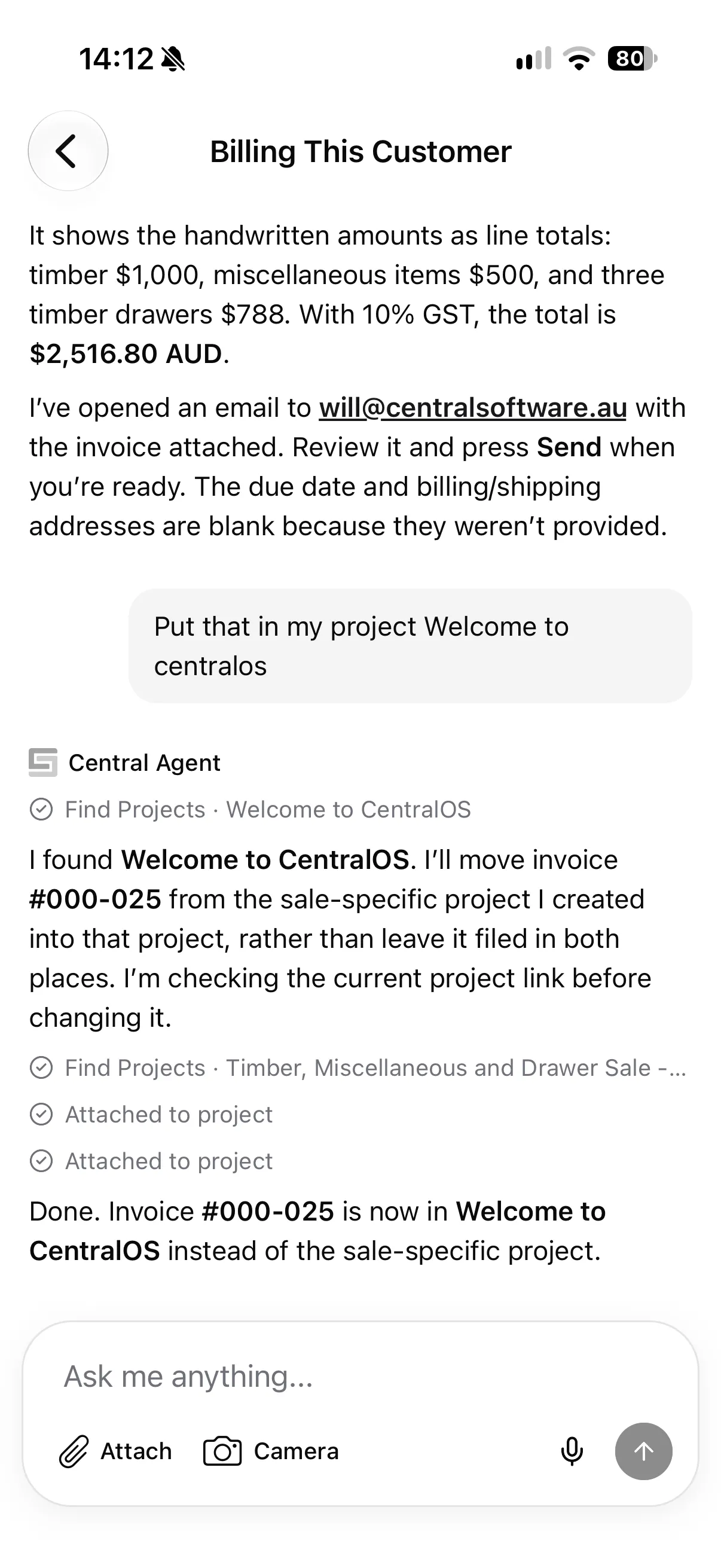 Full-length centralAgent mobile conversation, showing an invoice being filed into a project