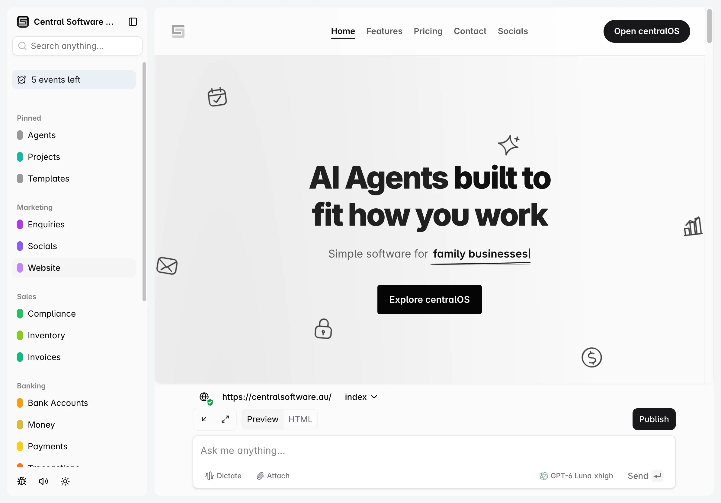 The centralOS website builder with the centralsoftware.au home page open